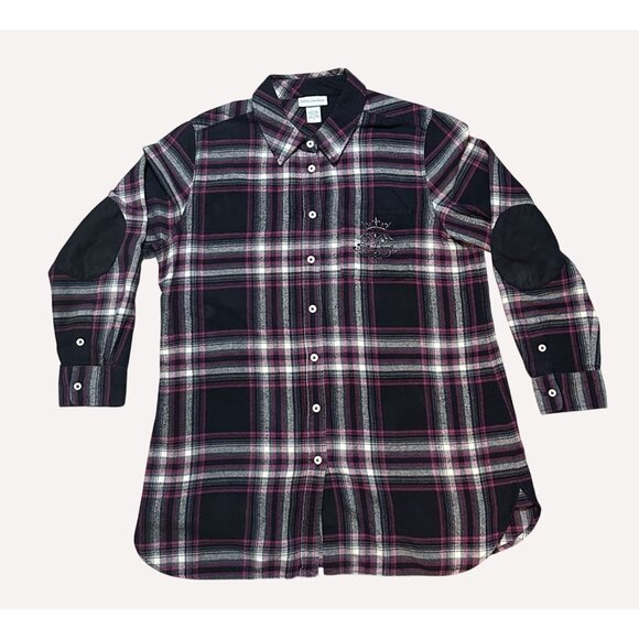 Soft Surroundings Womens Plaid Flannel Button up Shirt XL ELBOW PATCH embroidery - Picture 1 of 12